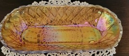 Vintage Carnival Glass Celery Dish Iridescent 10.5” Amber Gold Pretzel D... - $50.00
