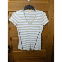Michael Kors Shirt Size S Tan White Striped Zippers Sides Womens - £15.70 GBP