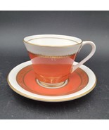 Vintage Aynley &#39;GRETNA&#39; Footed Cup &amp; Saucer Orange Coral &amp; Gold Trim Bon... - $20.33 CAD