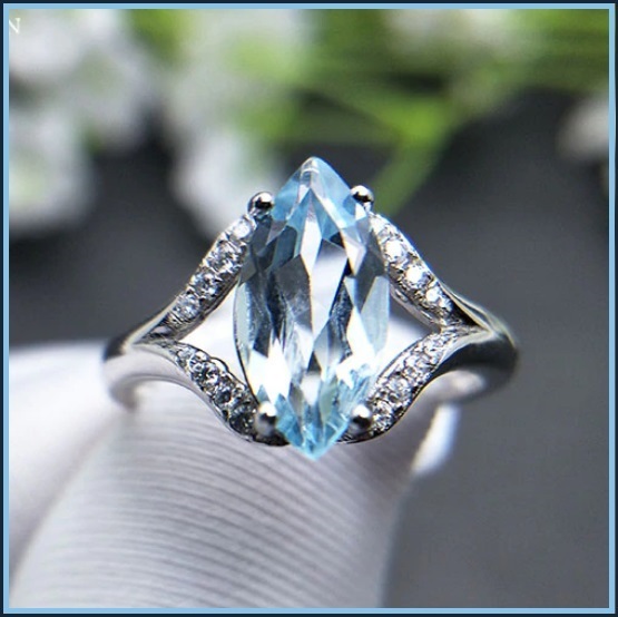 Victorian Blue Topaz Marquis Pave' Diamonds 925 Sterling Silver Betrothal Ring
