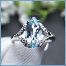 Victorian Blue Topaz Marquis Pave&#39; Diamonds 925 Sterling Silver Betrothal Ring - £75.62 GBP