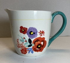 White and Floral Pioneer Woman Ceramic 4 Cup Measuring Pitcher Teal Handle - £12.78 GBP