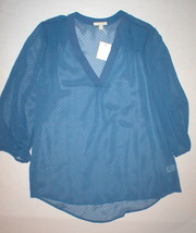 New Womens NWT Pleione Textured L Blue Blouse Top Nordstrom Tunic Nice Sheer USA - £46.70 GBP