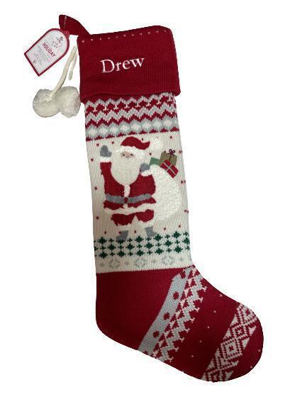 Pottery Barn Heirloom Knit Santa w/Pom Poms Christmas Stocking Monogrammed DREW - $24.75