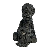 Vintage Pewter Figurine Child Boy Smiling Sitting With Pet Frog Trinket Collect - £9.79 GBP