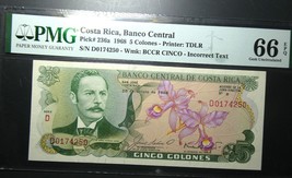 Costa Rica 1968 Banknote 5 colones  P-236a PMG 66 EPQ GEM UNC - £451.22 GBP