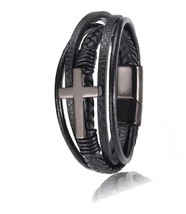 Mens Black Leather Bracelet Multi-Layer Braided Cross - $51.49