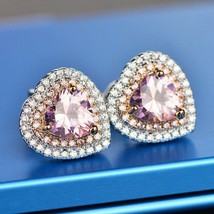 3.9CT Heart Pink Simulated Sapphire Diamond Halo Stud Earrings White Gold Plated - £73.64 GBP