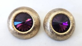 Clip Earrings Etched Antique Gold Tone Setting Round Amethyst Crystals V... - $29.95