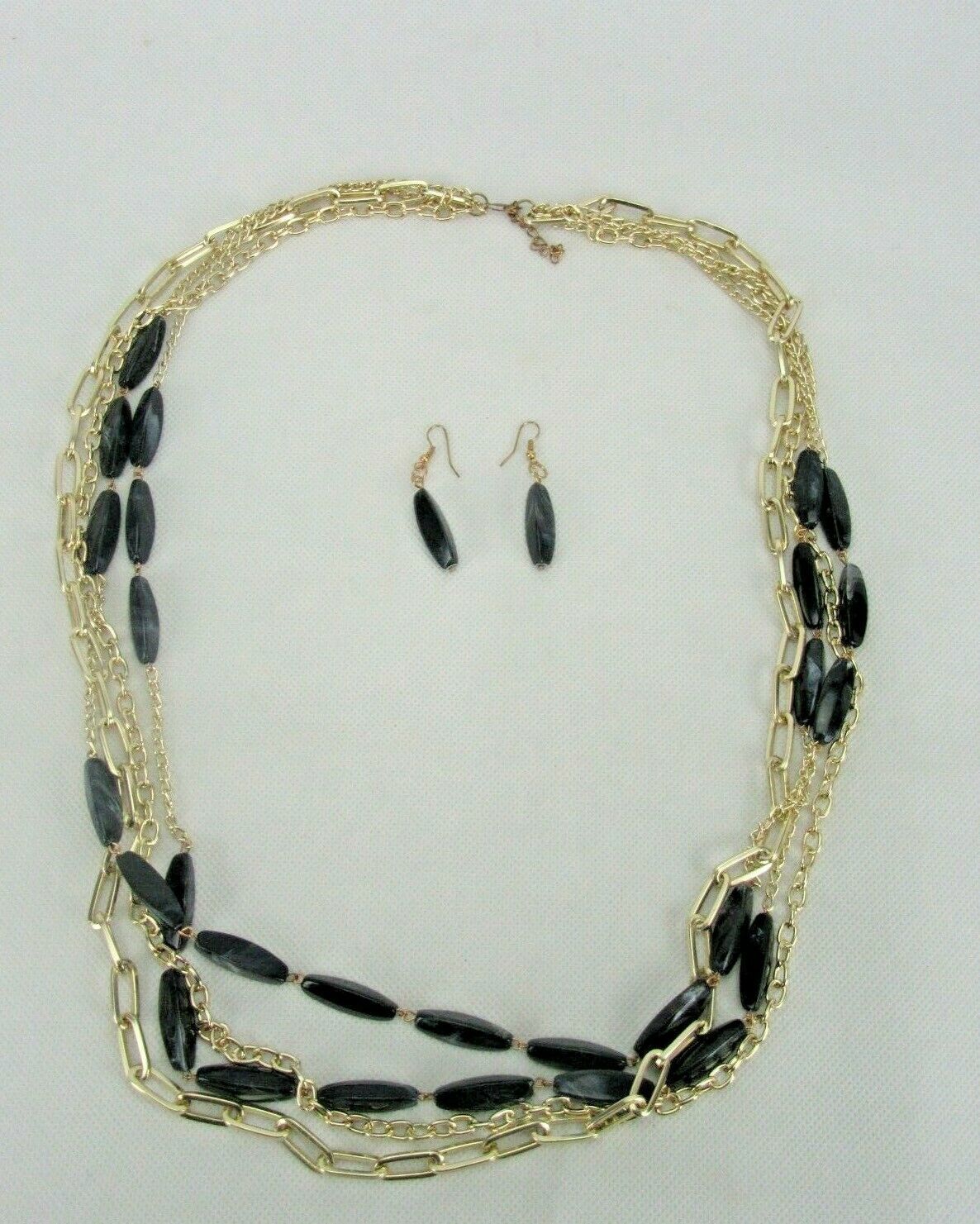 Vintage Costume Jewelry, Gold Tone, Black Marbled Bead Necklace &amp; Earrin... - $15.63
