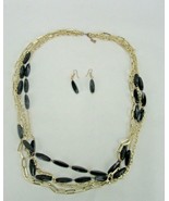 Vintage Costume Jewelry, Gold Tone, Black Marbled Bead Necklace &amp; Earrin... - £12.29 GBP