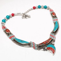 Red Coral Tibetan Turquoise Handmade Christmas Gift Necklace Nepali 18&quot; SA 4941 - £20.13 GBP