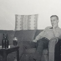 Old Original Photo BW Man On Couch Home Interior Beer Bottles Old Photograph - £7.86 GBP