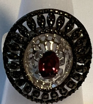 Jewelry Ring New Sterling Silver Lab-Created Oval Red Stone Marcasite Flower S8 - £26.16 GBP