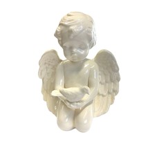 Angel Cherub Figure Kneeling Holding Bird Wings 6.5in Tall Off White Sig... - $44.54