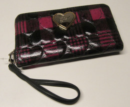 Betsey Johnson Puffy Hearts Zip Around Wallet Black Pink Plaid - $31.99