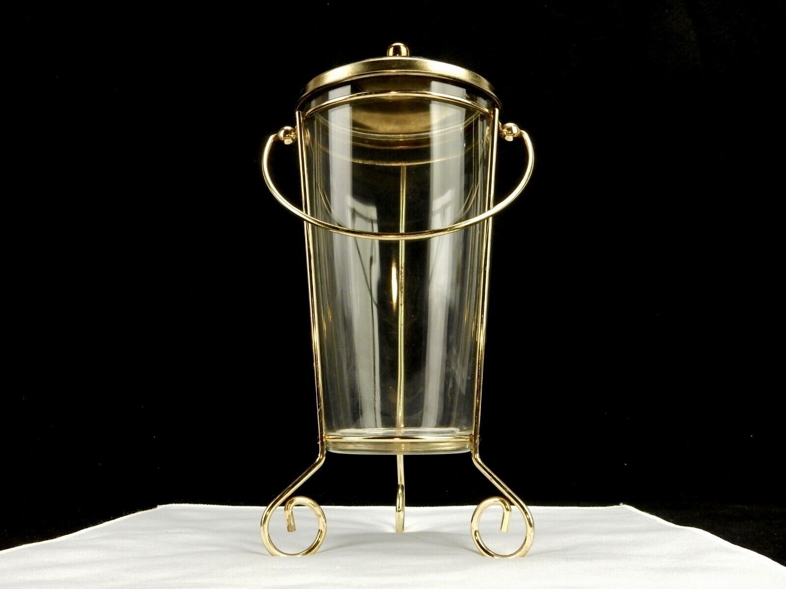 Hazel Atlas Glass Ice Bucket, Footed Brass Frame, Lid & Handle, Vintage Barware - $68.55