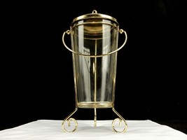 Hazel Atlas Glass Ice Bucket, Footed Brass Frame, Lid &amp; Handle, Vintage Barware - £54.97 GBP