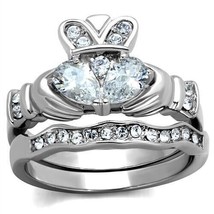 Stainless Steel Irish Claddagh CZ Wedding Band Bridal Ring Set Size 5-10 Gift - £58.23 GBP