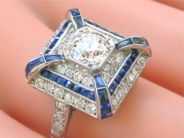Antique Art Deco 1.03ct Diamond Sapphire Statement Cocktail Ring 1930 France sz9 - £8,292.68 GBP