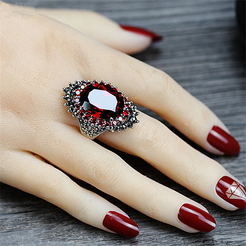 MOONROCY Vintage Red Blue Silver Color Rings Crystal Party Trendy CZ Ring for Wo - £17.50 GBP