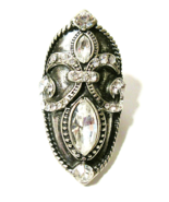 Fleur de Lis Shield Statement Ring Untested Silver Tone Rhinestone Adjus... - $12.00