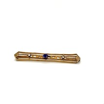 Antique Gold Filled Victorian Art Deco Sapphire Stone with Pearl Bar Brooch Pin - £35.04 GBP