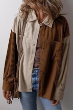 Brown Color Block Chest Pockets Buttoned Corduroy Shacket - £32.45 GBP