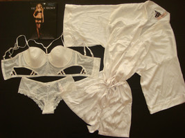 Victoria&#39;s Secret 34C,34D longline BRA SET+S,M panty+ROBE COCONUT white strappy - £110.52 GBP