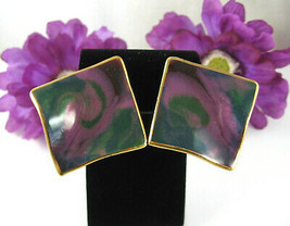 Wavy PURPLE GREEN Clip On EARRINGS Vintage CERAMIC Square Goldtone Trim ... - $14.99