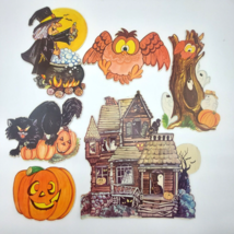 Vtg Halloween Cardboard Die Cut Decor Lot of 6 House Ghost Witch Pumpkin Cat Owl - £21.33 GBP