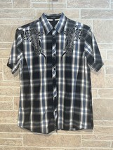 Roar Shirt Men’s L Black Plaid Embroidered Tribal Cross Wings - £12.05 GBP