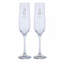 Pair of Dartington Coronation Champagne glasses with Royal Cyphers of Ki... - $35.23+