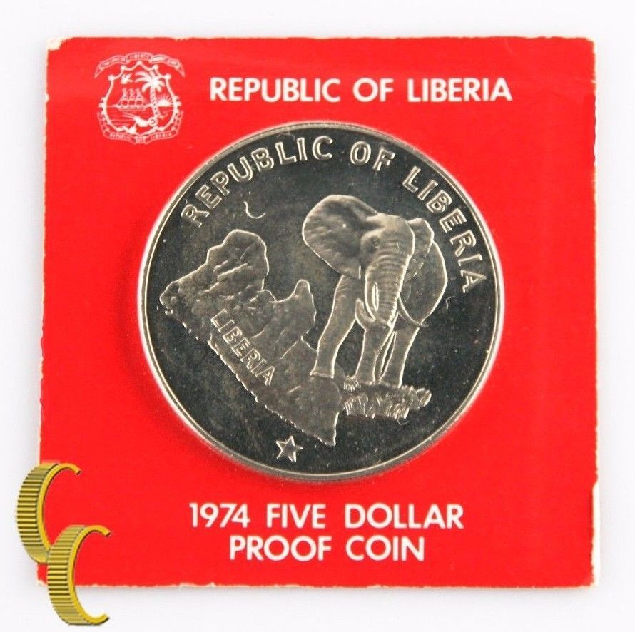 1974 Liberia $5 Dollar Coin (Proof, PF) 0.900 Silver Bull Elephant Five KM-29 - £62.51 GBP