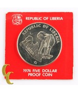 1974 Liberia $5 Dollar Coin (Proof, PF) 0.900 Silver Bull Elephant Five ... - $106.87 CAD