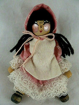 Wooden Clothes Pin Doll Prairie Girl Dress &amp; Bonnet Pink Painted Face Da... - $14.84