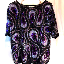 Iris Women&#39;s Blouse Multicolor Short Sleeve, Sequin Beaded Evening L/XL - $59.39