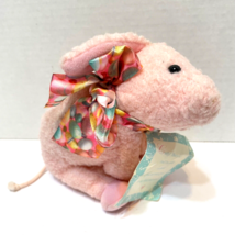 Vintage 1992 Curly Plush Pink Pig with Easter Ribbon Stuffed Animal Tag 6&quot; - £9.85 GBP