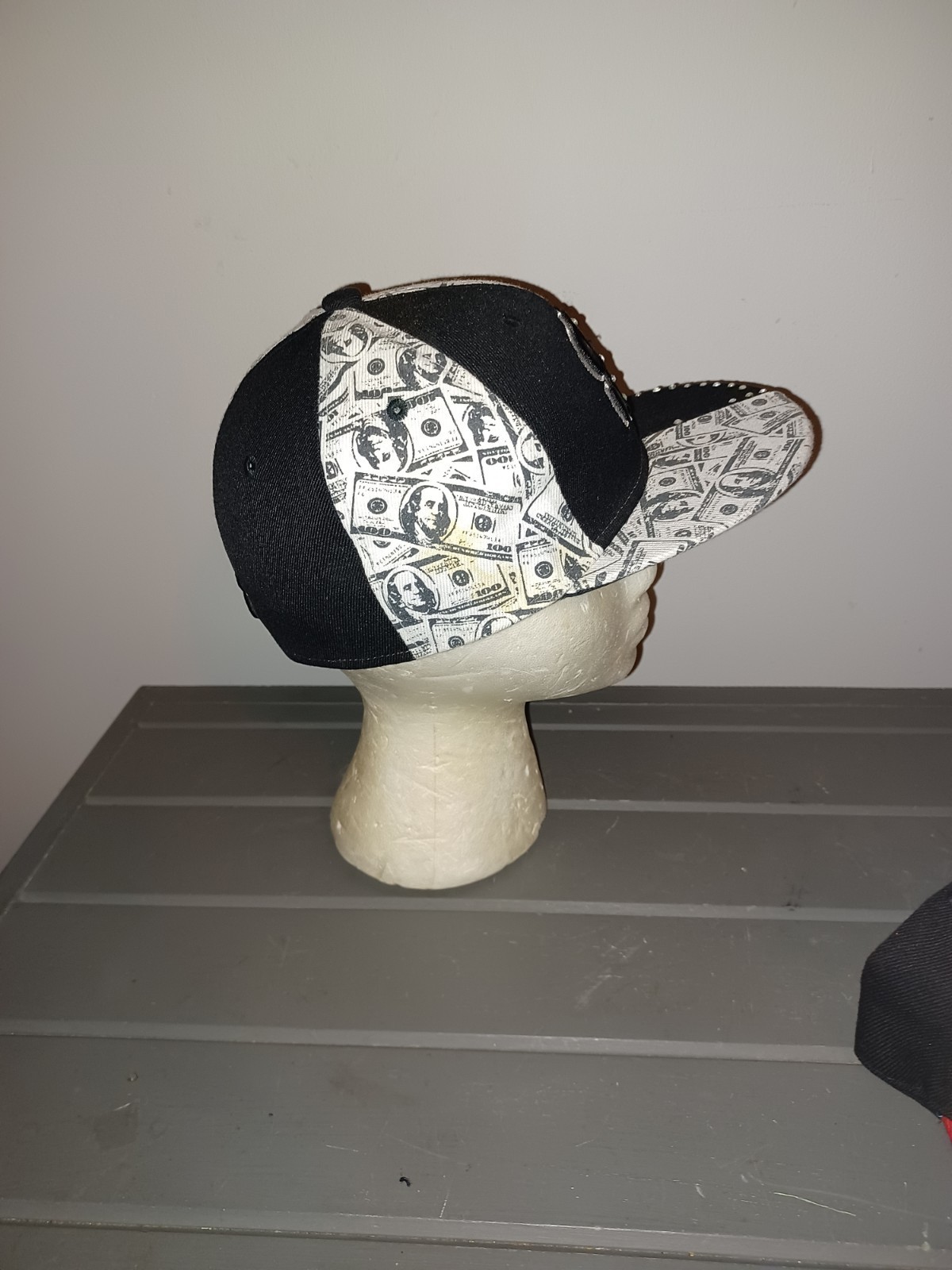 Money Power Snapback Hat – Size 7 – Black & $100 Bill Print w/ Rhinestone Brim Item image 3