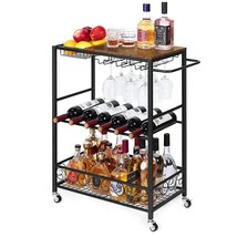 Bar Cart, 3 Tier Mobile Bar Serving Cart, Rolling Wine Cart With Glass Stemware  - £72.04 GBP