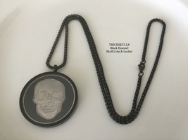 Black Enamel Skull Coin in Glass &amp; Stainless Steel Locket w 60cm Black Box Chain - £17.77 GBP