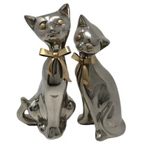 Pair Of Sleek Pewter Siamese Cats Brass Bows Eyes 8&quot; And 7&quot; Tall Vintage MCM - £34.88 GBP