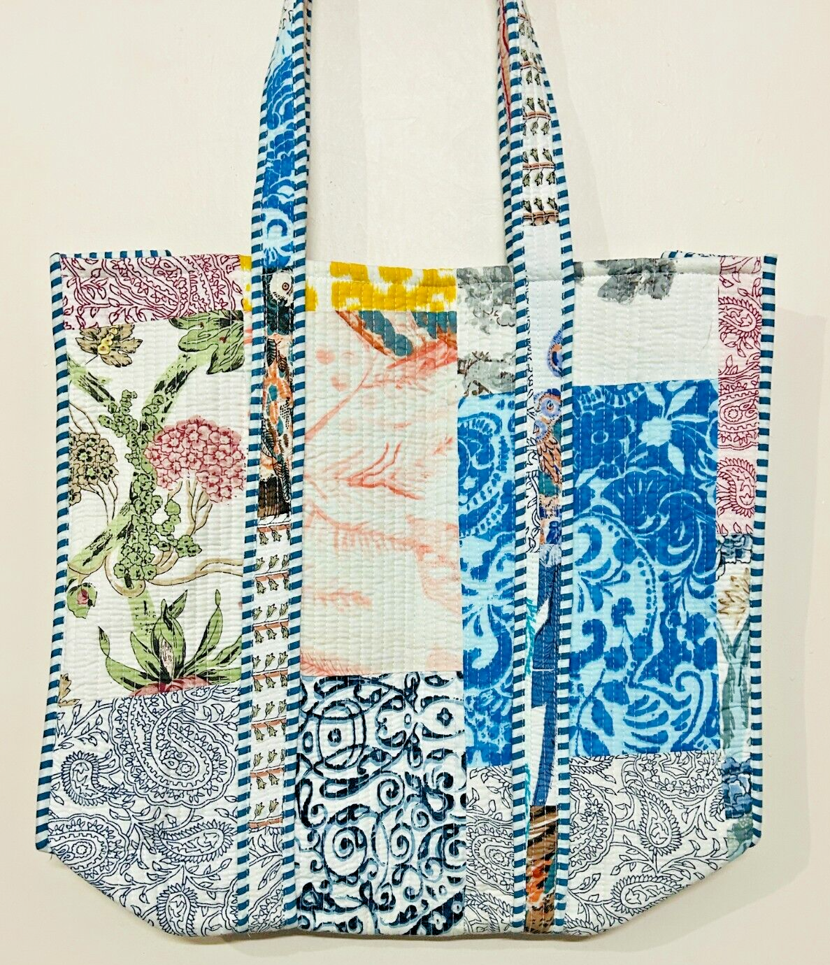 Indian White Patchwork Quilted Shoulder Bag Women's Beach Cotton Tote Handbag H