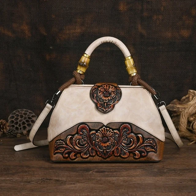  Handmade Luxury Handbags For Women Leather Shoulder Bags   Vintage Carved Ladie - £54.27 GBP