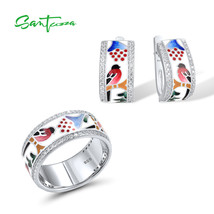 Pure 925 Sterling Silver Jewelry Set For Woman White CZ Red Bird Enamel Ring Ear - £97.68 GBP