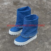real photos woman blue jean platform inner heel denim boot chain style blue deni - £169.03 GBP