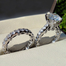 Engagement Ring Set 3.25Ct Round Cut Simulated Diamond 14K White Gold Size 7.5 - £251.97 GBP