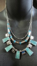 &quot;&quot; 3 CHAIN NECKLACE WITH BLUE-GREEN STONES&quot; &quot; ON SILVER TONE CHAIN - C - $8.89