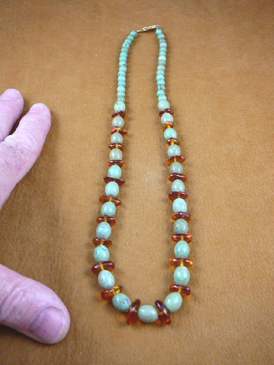 (PB-420) Turquoise bead +orange Baltic AMBER chip Poland  20" beaded NECKLACE - $79.46