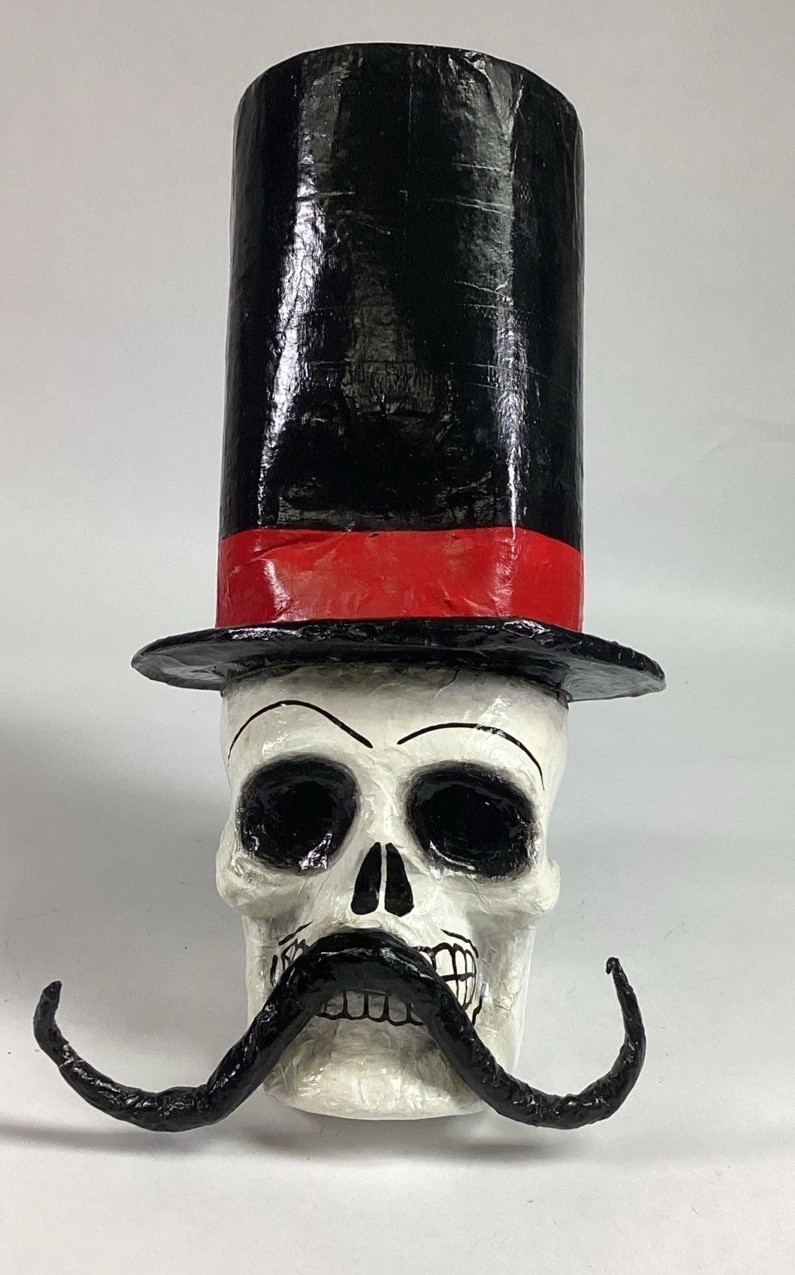 Handmade Day Of The Dead Skull In Top Hat Papier Mache Figure - 14”H - $24.75